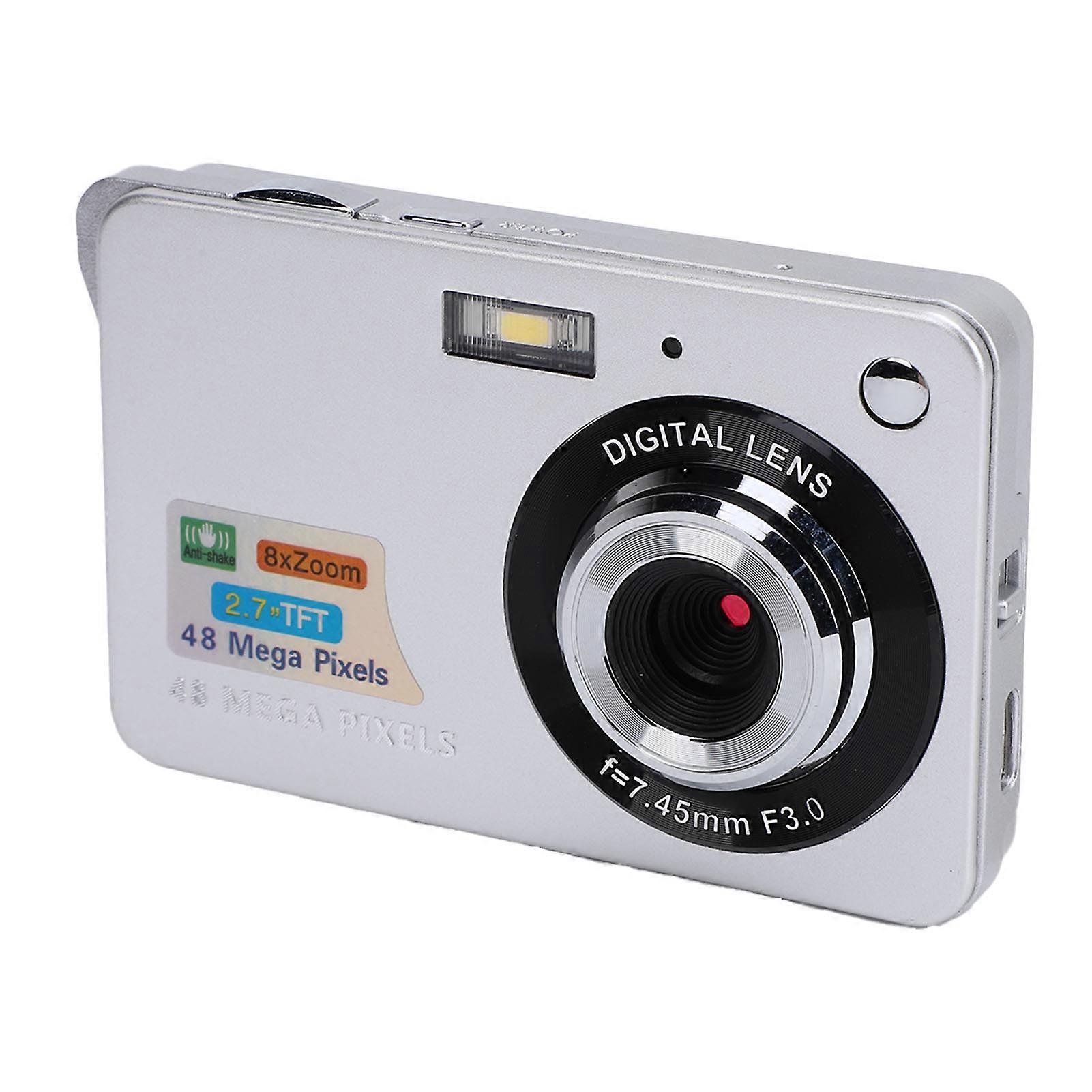 Digital Camera 48MP 4K 8x Zoom 20 Filters 2.7 Inch Screen Anti Shaking Rechargeable Portable Compact Camera for Kids Students Vlogging Silver 