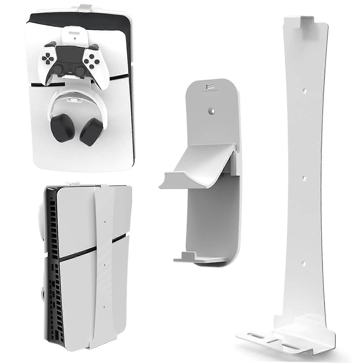 For PS5 Slim Host Wall Mount Bracket with Controller Headset Hook Holder(White)