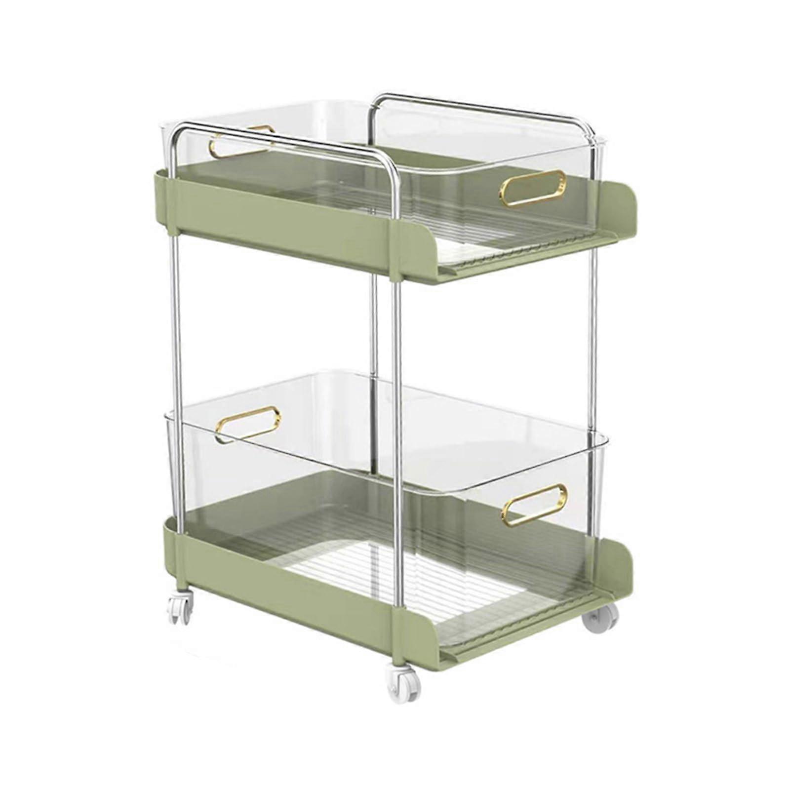 Rolling Utility Cart with Drawers, 2-Tier Mobile Bookshelf Storage Cart for Classroom and Kitchen, Green, 24.5CM