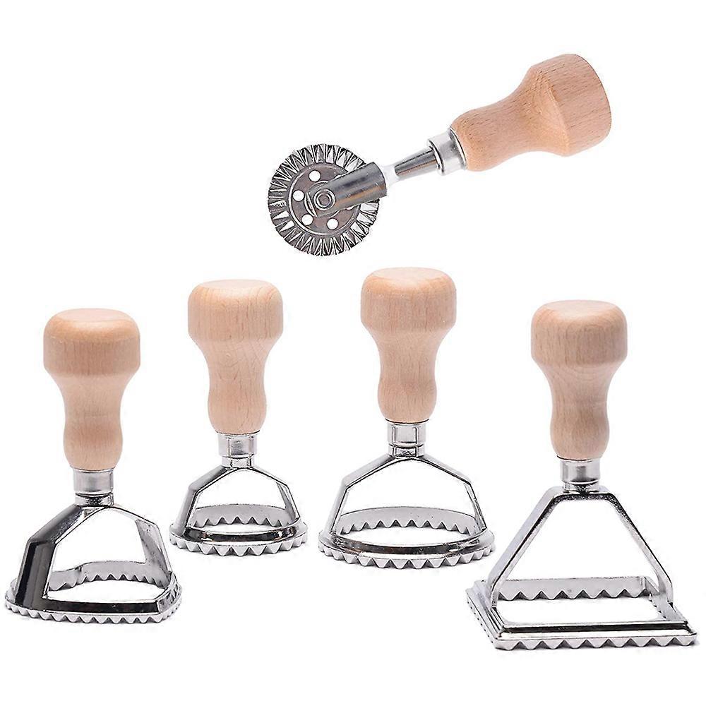 5-piece dumpling maker set with wooden handle cutter and press, ideal for homemade ravioli, pasta, and dumplings