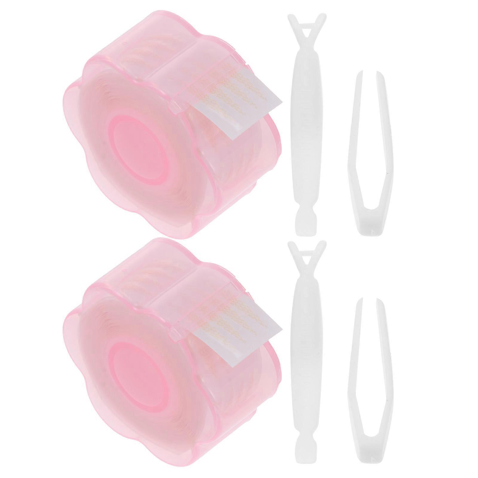 2 Sets Traceless Double Eyelid Tapes with Fork Tweezer and Beauty Eye Patches Pink