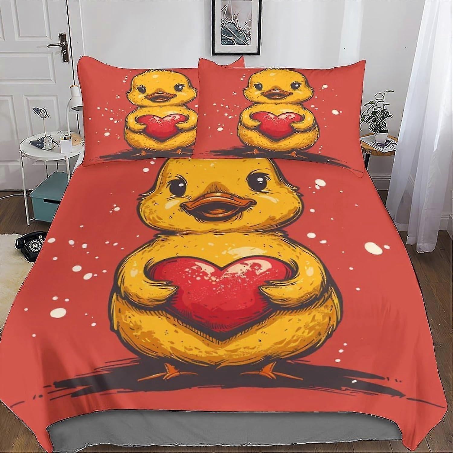 Cute Yellow Duck 3PCs Duvet Cover 3D Printed Cartoon Quilt Cover Bedding Set for Kids with Microfiber and Hidden Zipper Closure with Pillowc