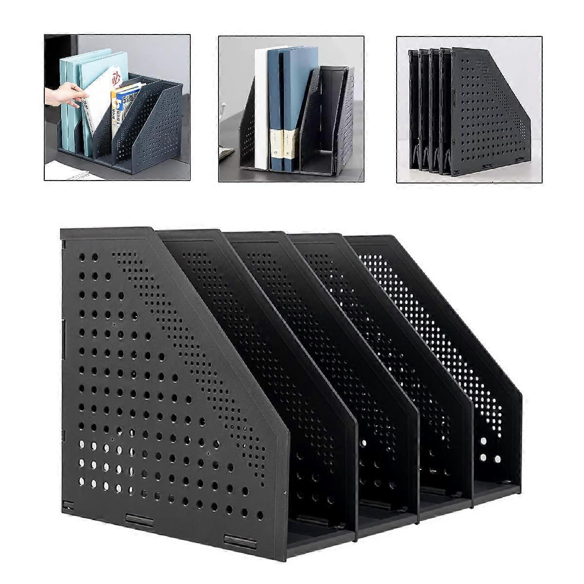 Foldable Magazine File with 4 Compartments, Plastic Magazine File for Office Organization and Storage, Desk Organizer for School Office (Dark Gray)
