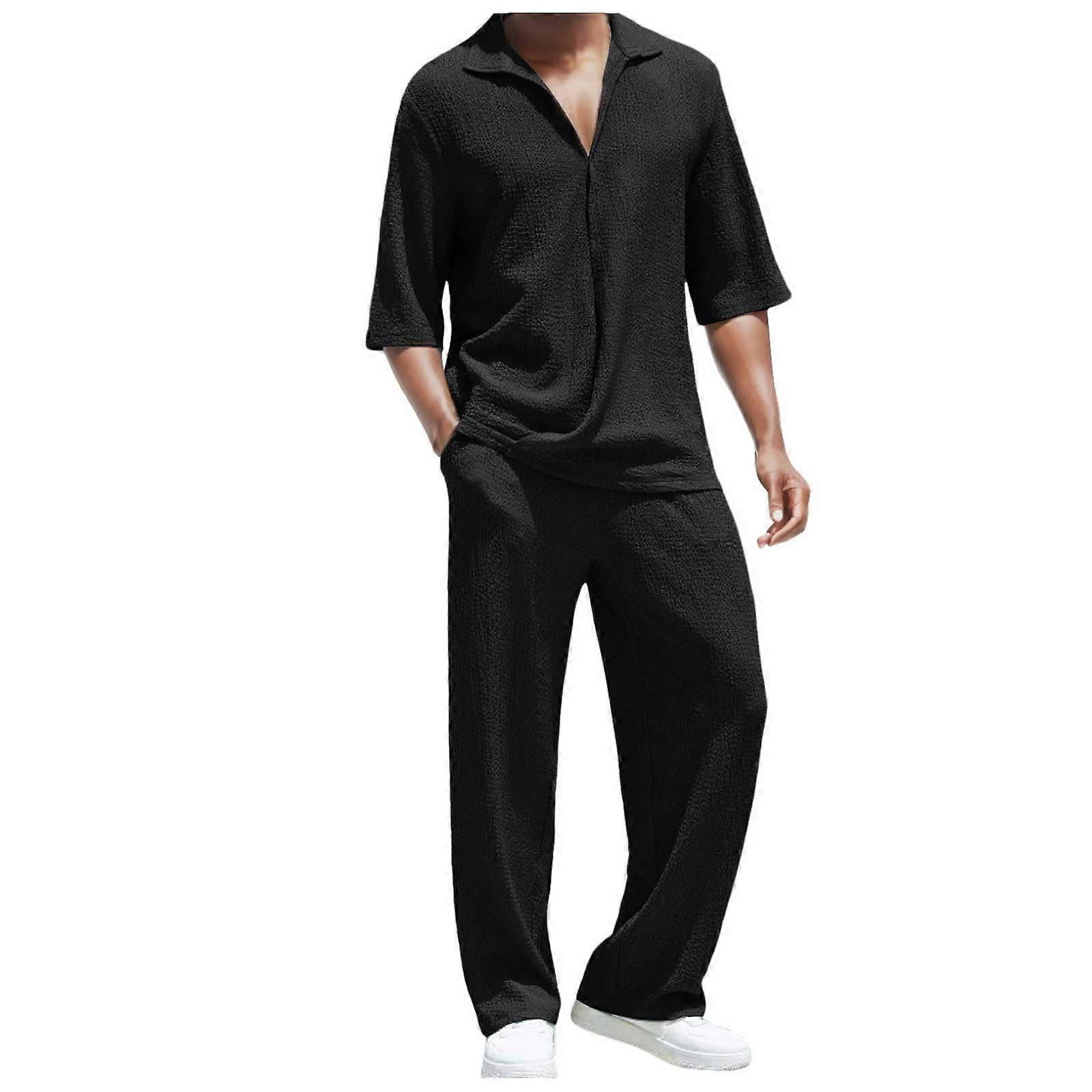 Twopiece men's summer outfit, short sleeve shirt, loose trousers, linen suit, black