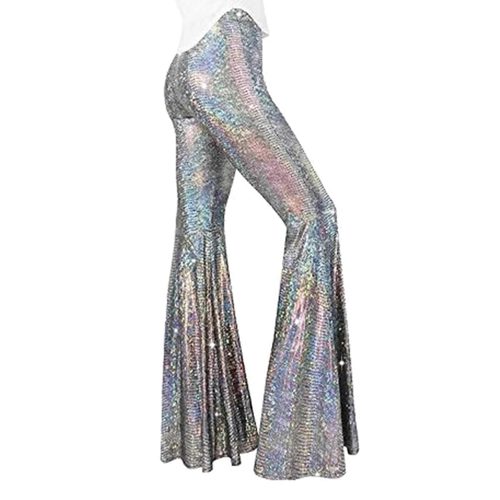 Womens Shining Sequins High Waist Stretchy Bells Bottom Flared Pants,Sequins Flares Pants Night Out Clubwear  XL Silver