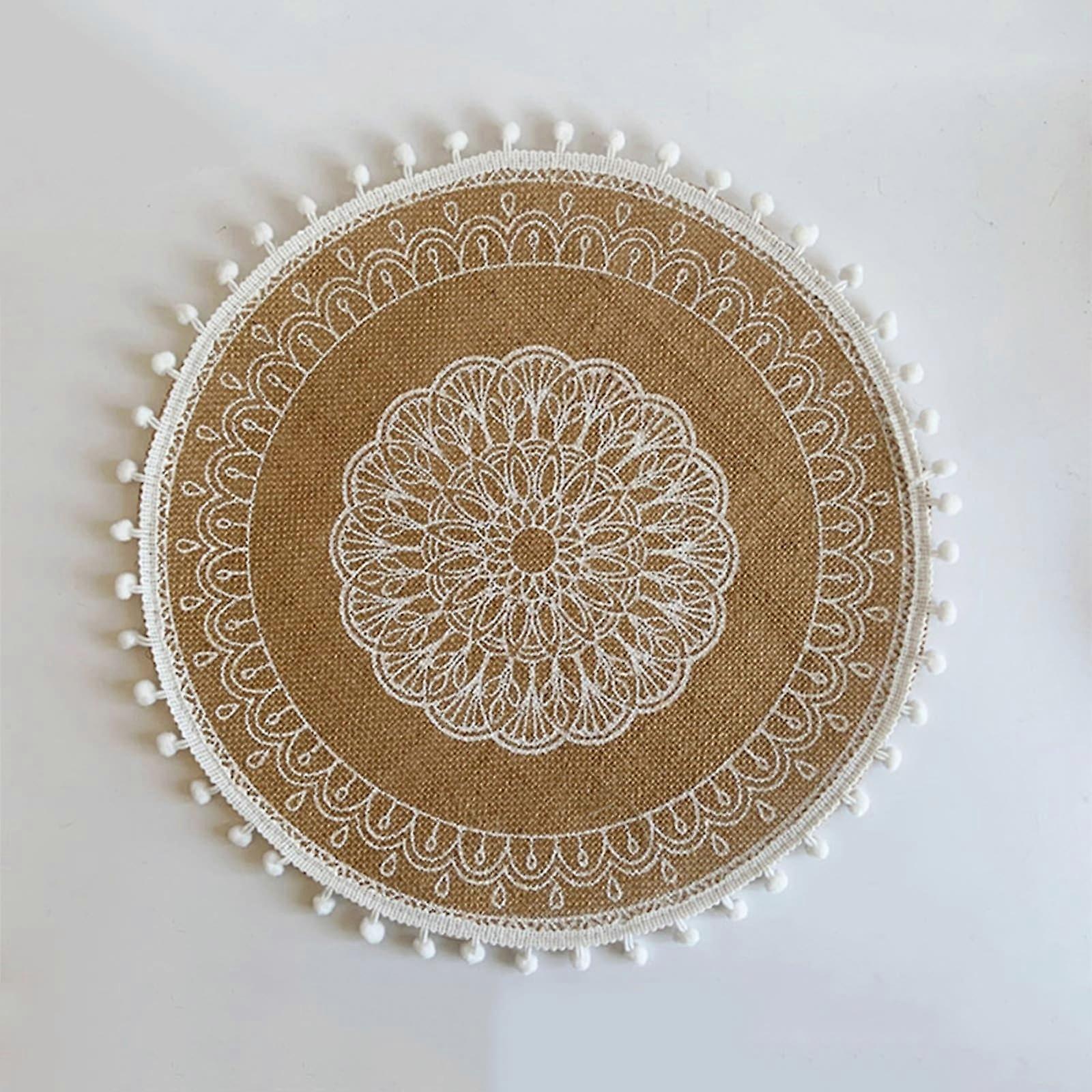Boho Round Table Set of 6, Linen Christmas Placemat Vintage Floral Pattern, 38CM