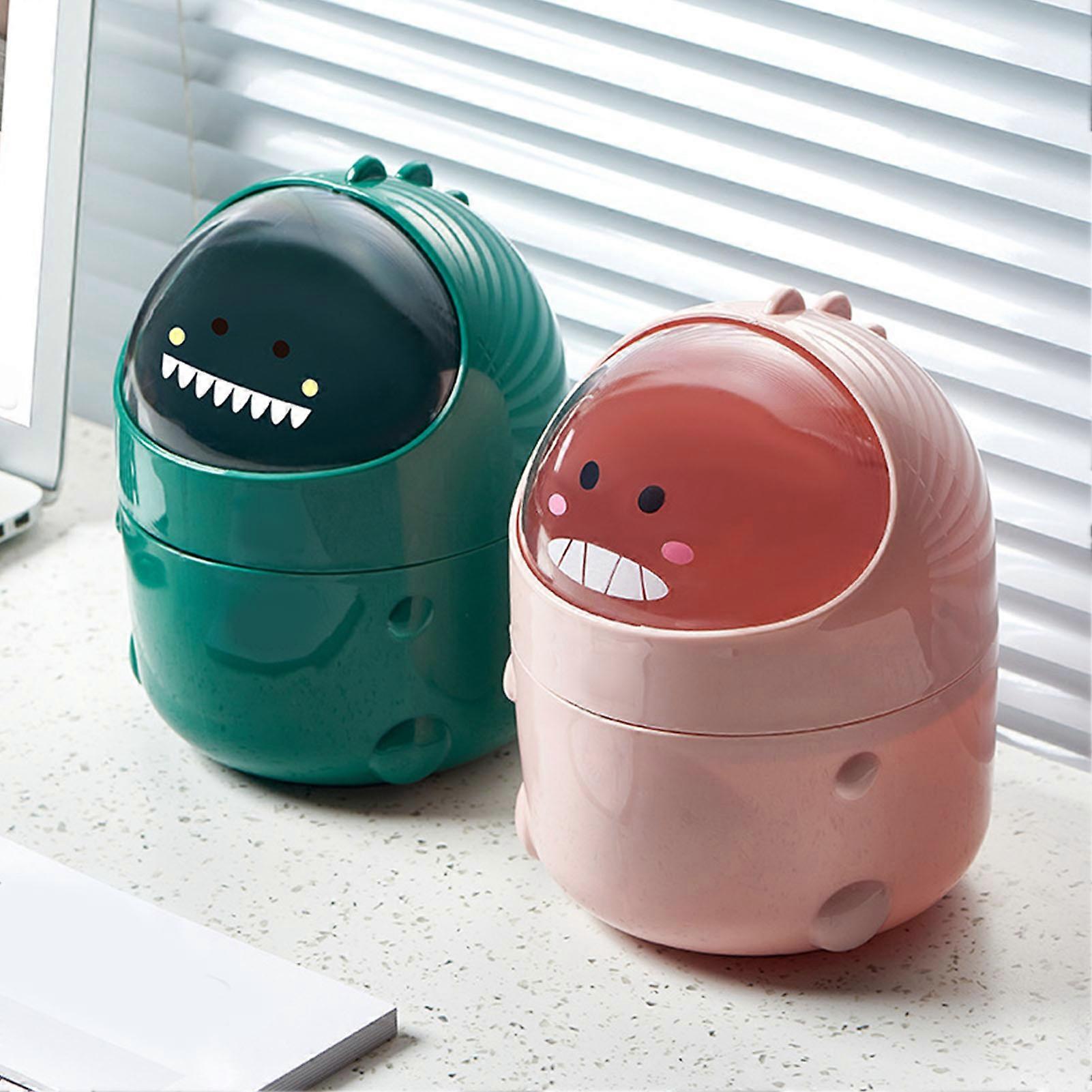 Mini Desktop Trash Can with Swing Lid Cute Little Dinosaur Countertop Garbage Bin Plastic Tiny Tabletop Wastebasket L Green