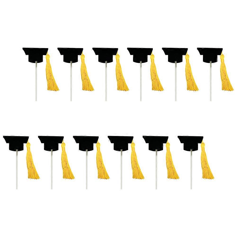 Yellow Graduation Hat Cake Topper with Tassel for Decor non woven fabric and paper 12 pcs