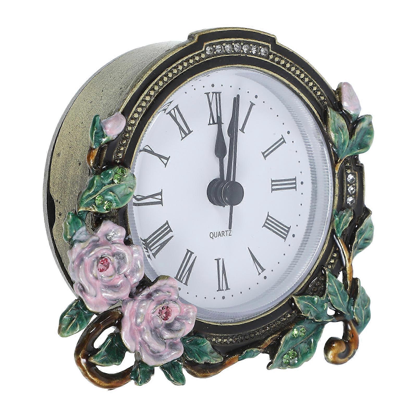 Vintage Mini Desktop Clock with Silent Movement and Floral Enamel Design – Small Retro Table Clock for Office, Bedroom, and Home Decor