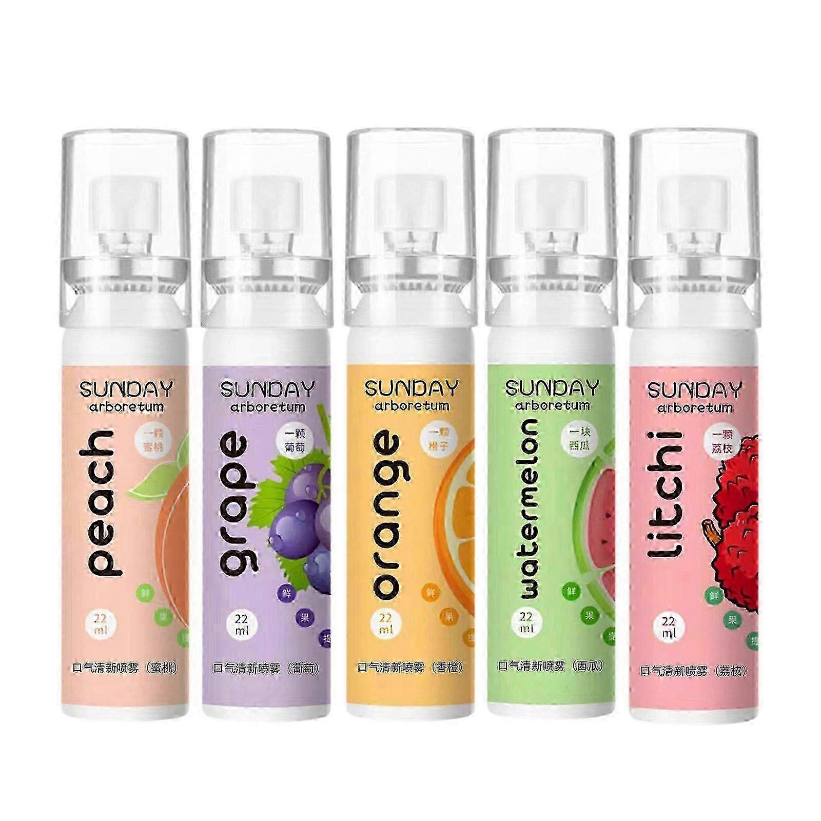 5pc Aromatizador de Spray Oral com Sabor de Frutas Compacto Portátil Refrescante Fresco Hálito Fresco Cuidados com o Odor Oral Refrescante Portátil Enxaguante Bucal 22mlx5