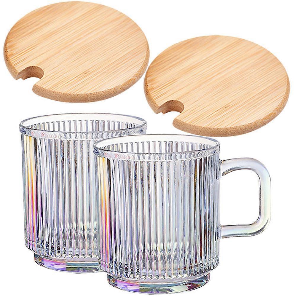 Glass Cup Set With Wood Lid For Kitchen And Home 340ml Transparent Practical Design 2 Sets