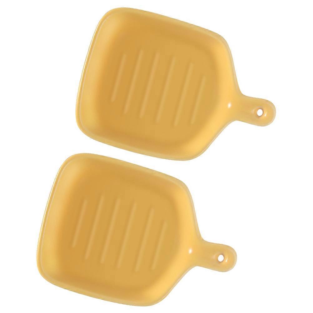 Ceramic Mini Sauce Plate 2Pcs Rectangular With Handle Suitable For Flavor Storage At Home Kitchen Parties And Picnics Yellow