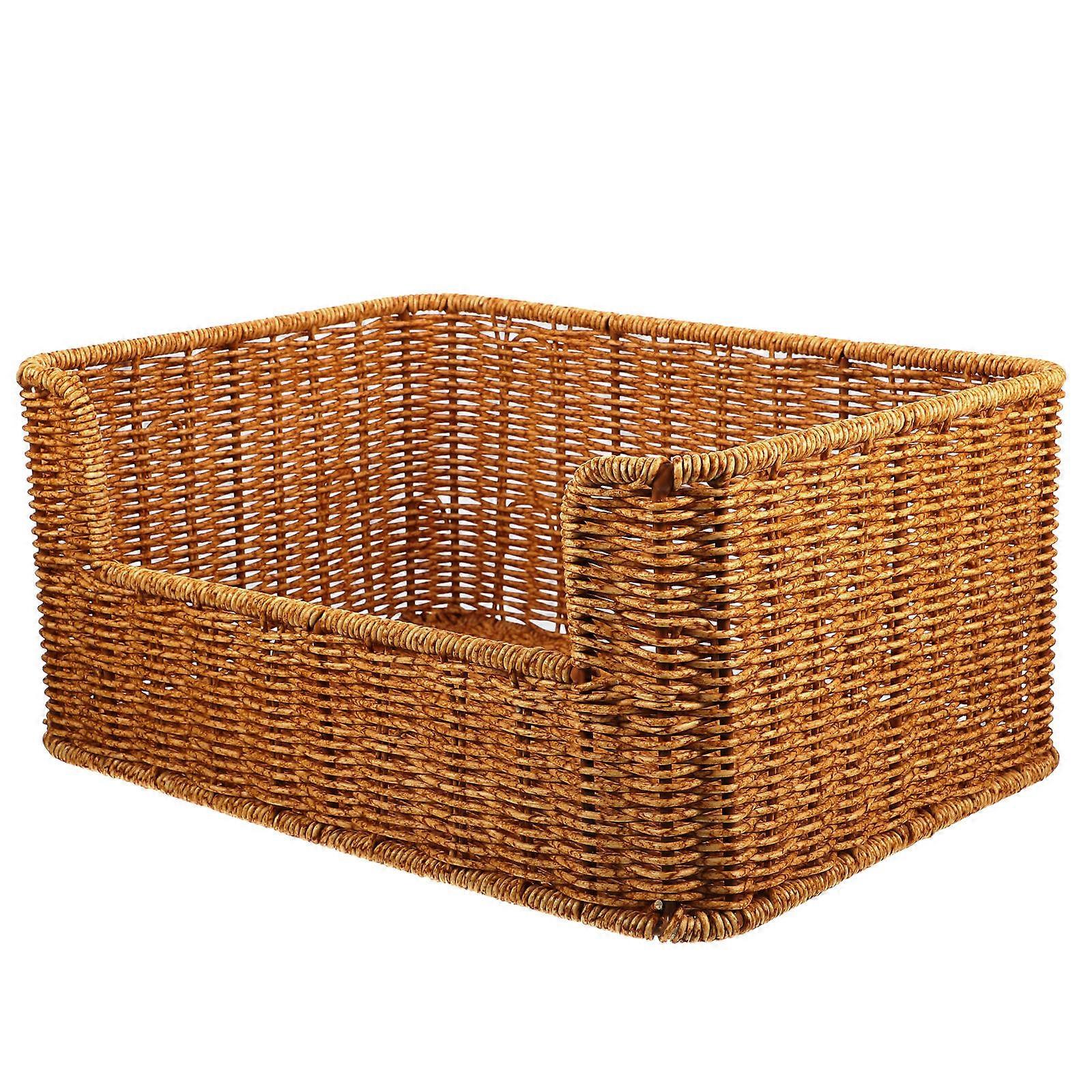 Light Brown Imitation Rattan Woven Basket for Home Storage and Organizing Books and Sundries 12.5 x 9.5 x 8.5 inches
