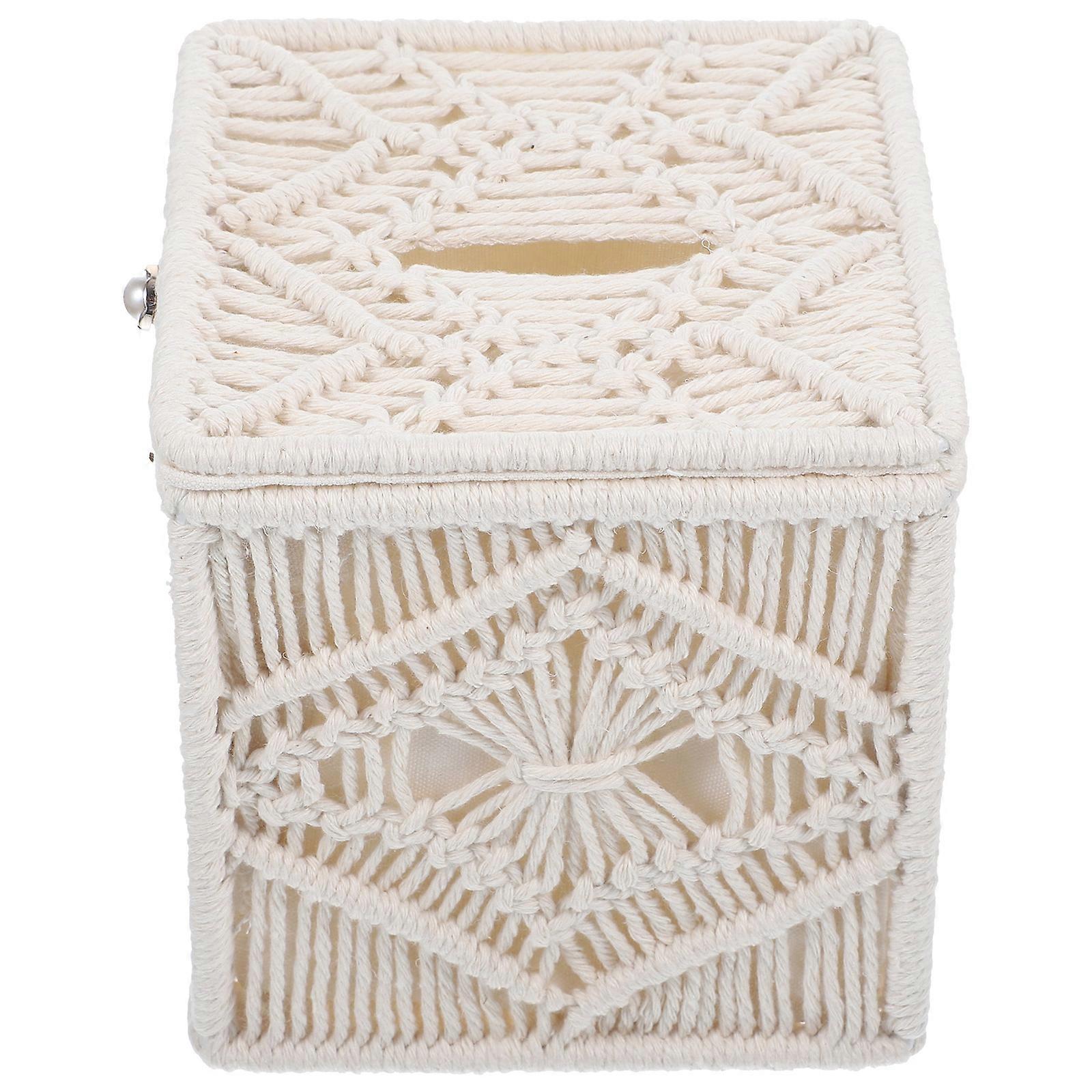 Decorative Tissue Cover Macrame Tissue Box Holder Square for Home Beige Iron Cotton Rope Home Decoration 1Set