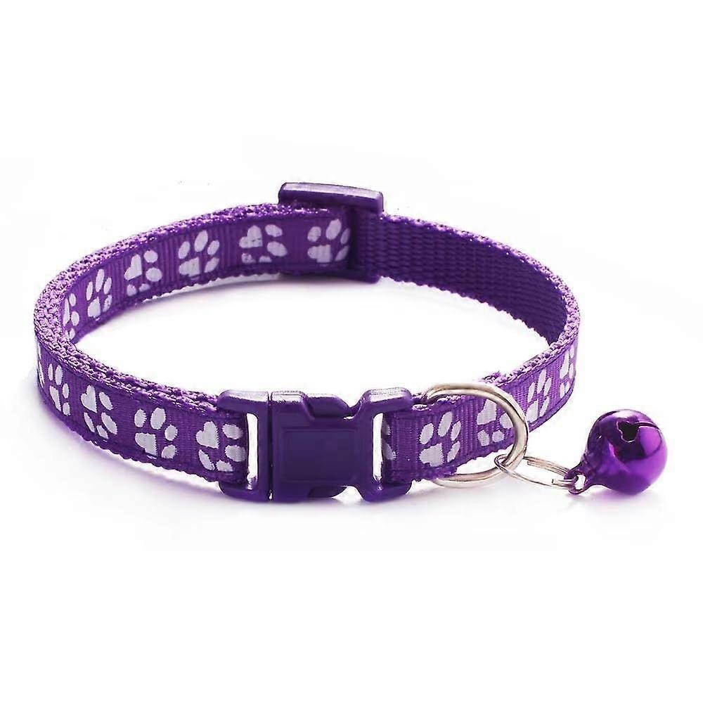 Dog Collar Small Medium Nylon Adjustable Purple Pawprint Design With Bell