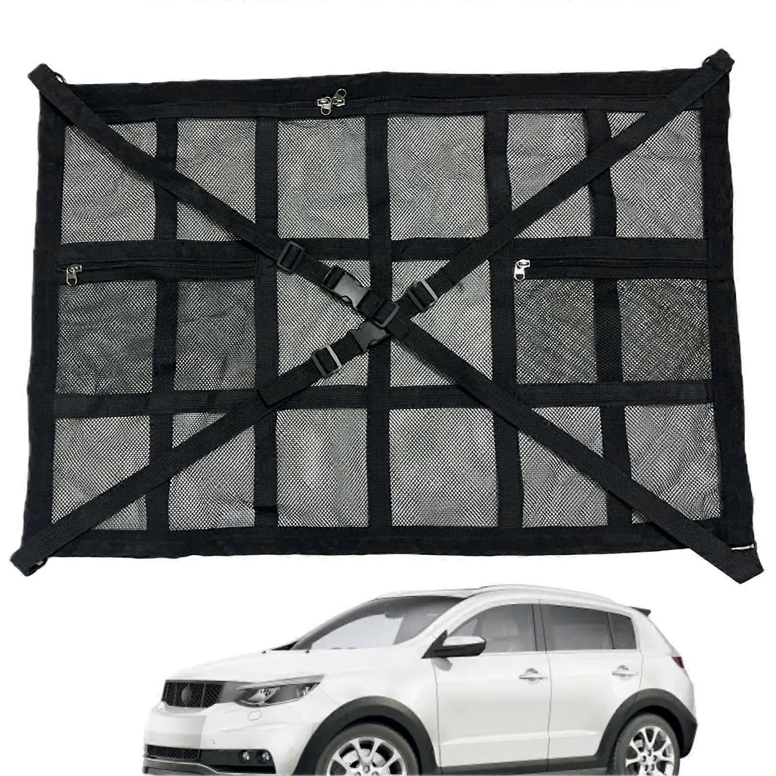 Car Ceiling Cargo Net With Zipper Pockets Mesh Car Roof Storage Organizer Adjustable Black 90x65cm