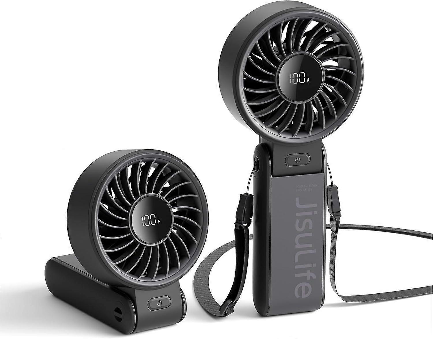 Handheld fan LED display 5000 mAh rechargeable 5 speeds foldable 3 in 1(Black)