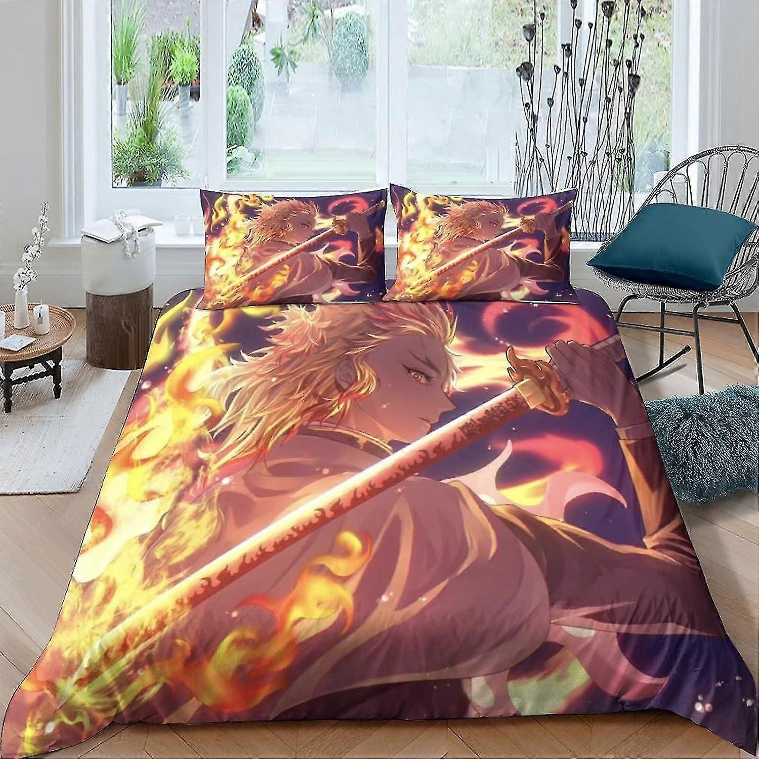 EKENOZ 3D Printed Demon Slayer Duvet Cover with Pillowcases Bedding Set Animation Comforter Cover 3 Pcs with Zipper Closure Soft Microfiber Quilt Cove