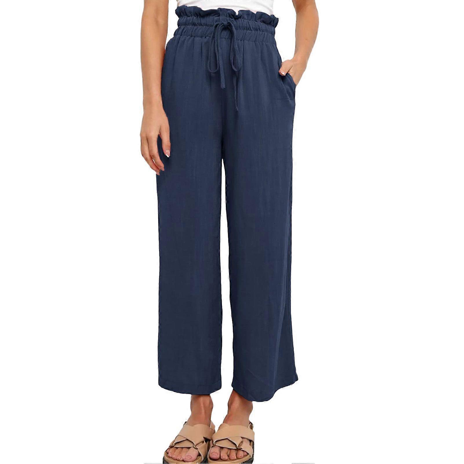 Women Linen Pants Drawstring High Waisted Casual Loose Fit Wide Leg Trousers for Summer Purplish Blue M