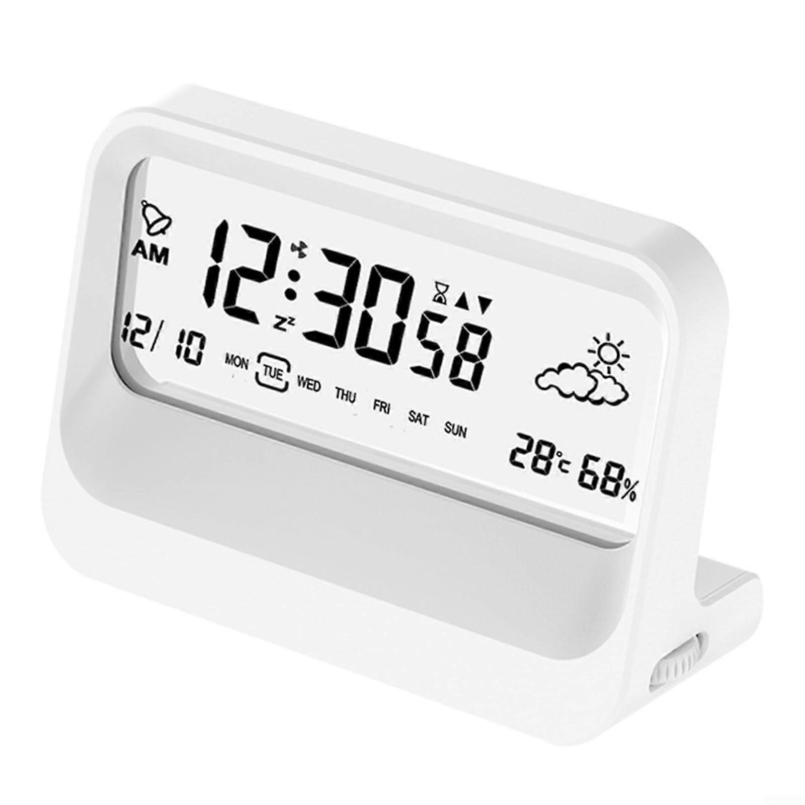 Alarm Clock With Temperature Humidity Display, Visual Timer, White Bedroom Desk Clock Backlight Silent Operation