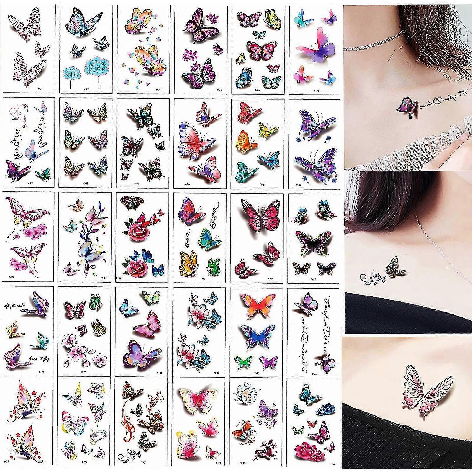 25-26 Waterproof 3D Butterfly Tattoos, 30 Sheets, Safe & Non-Toxic for All Ages
