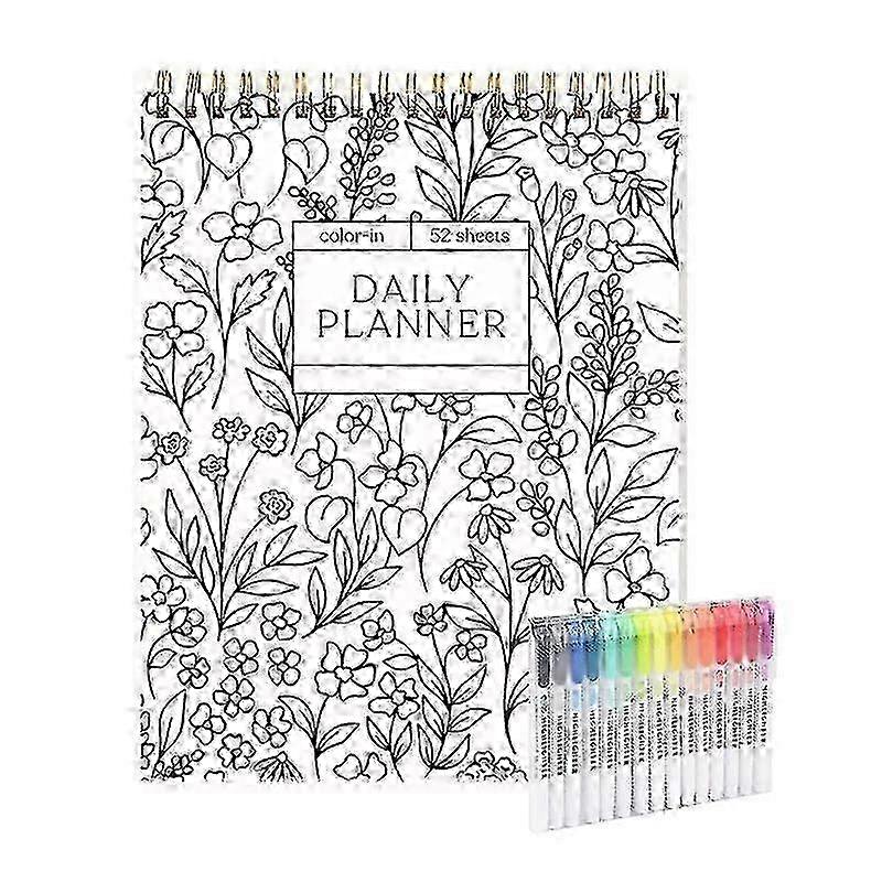 Color-In Spiral Notebook / Daily Planner / Meeting Notes With 15 Colors Marker Pen For Work School