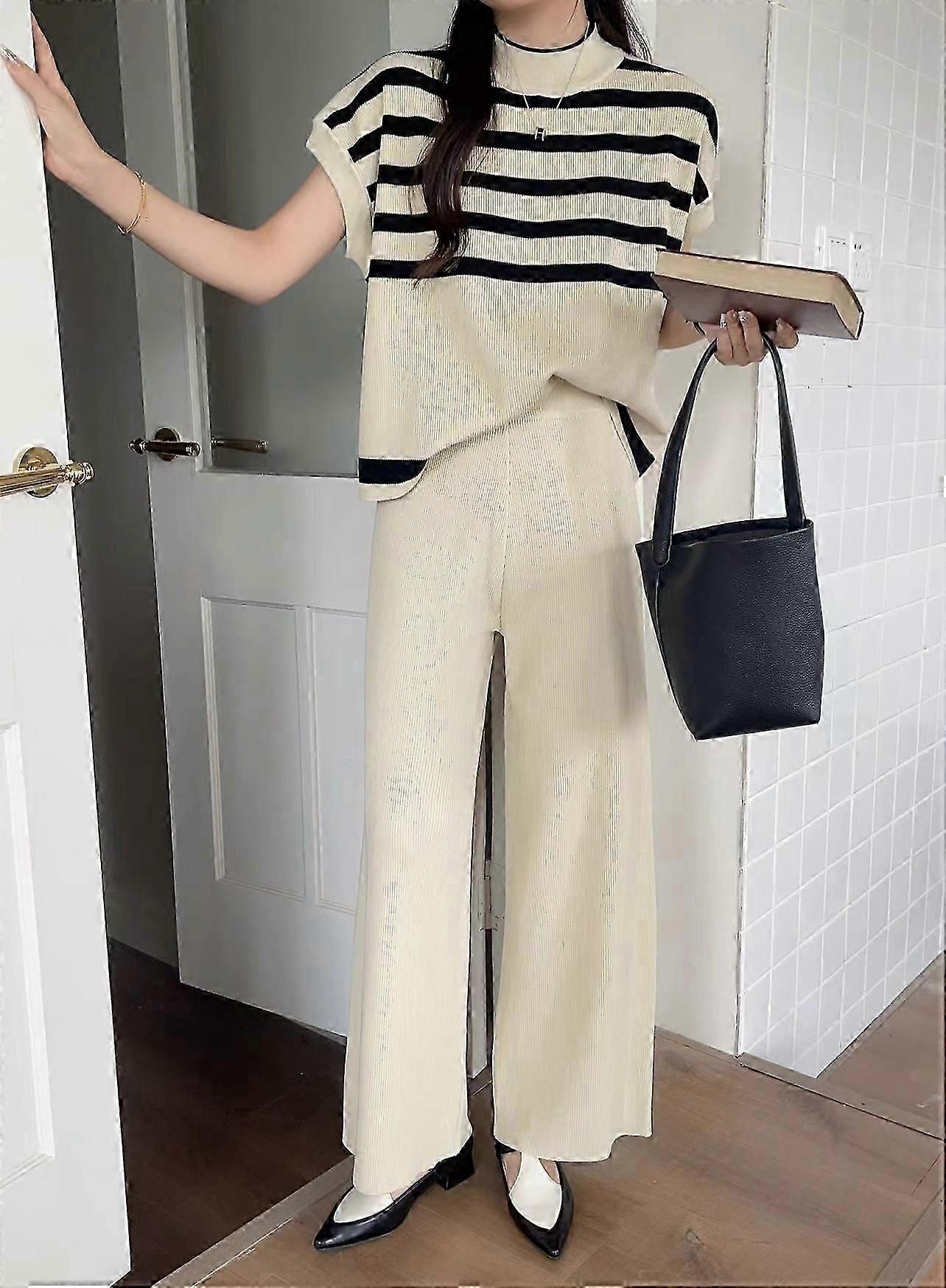 صدرية بسيطة عصرية مخططة محبوكة مخططة قصيرة + بنطلون ضيق عريض الساق عصري للنساء