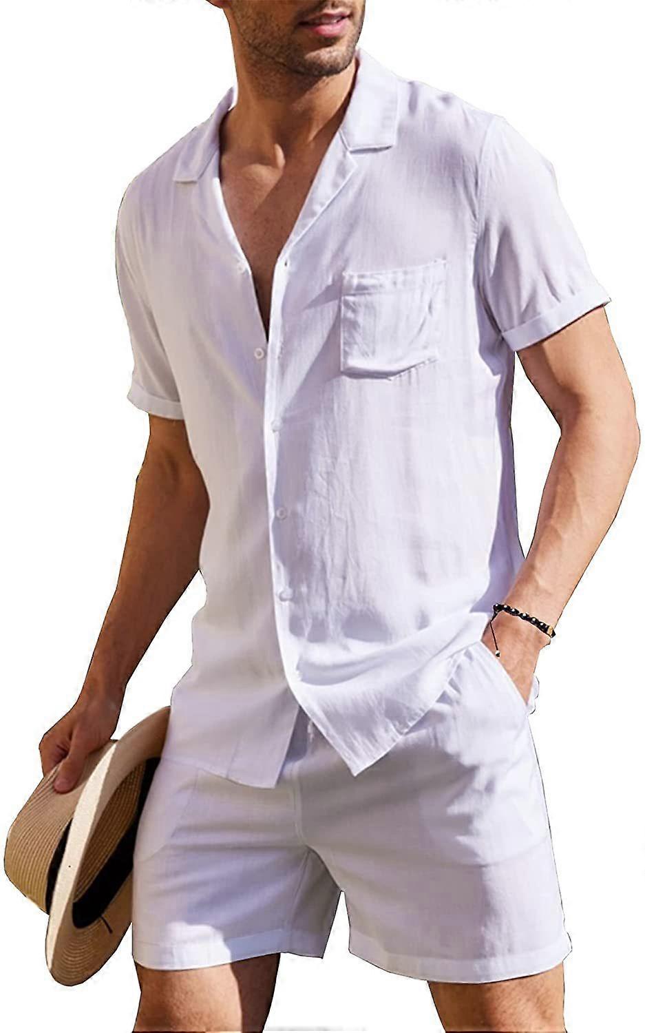 Men's linen short-sleeved shirt suit linen summer loose casual cotton linen cardigan shirt shorts