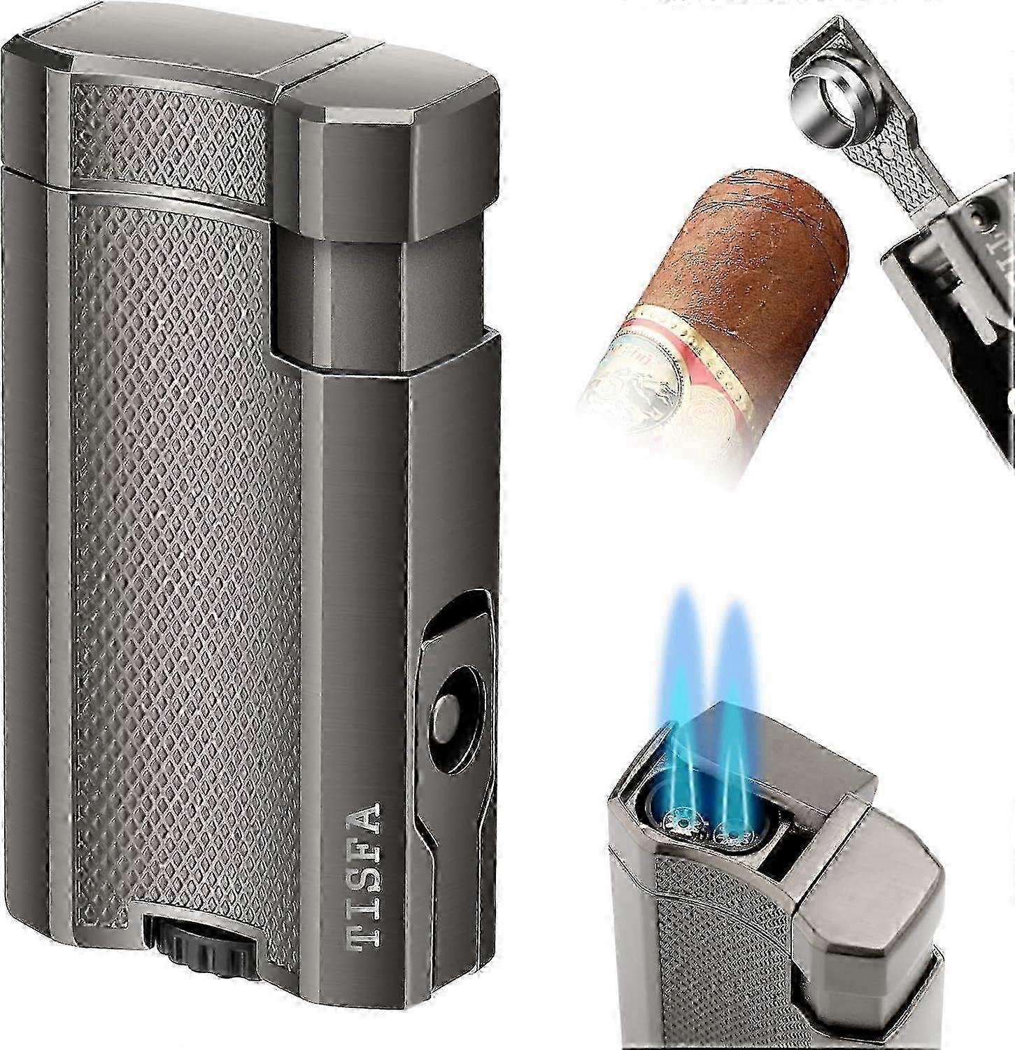Cigar Lighter Double Jet Flame Butane Torch Lighter, Built-in Cigar Punch, Cigar Holder, Adjustable Windproof Butane Lighter, Refillable Pocket C