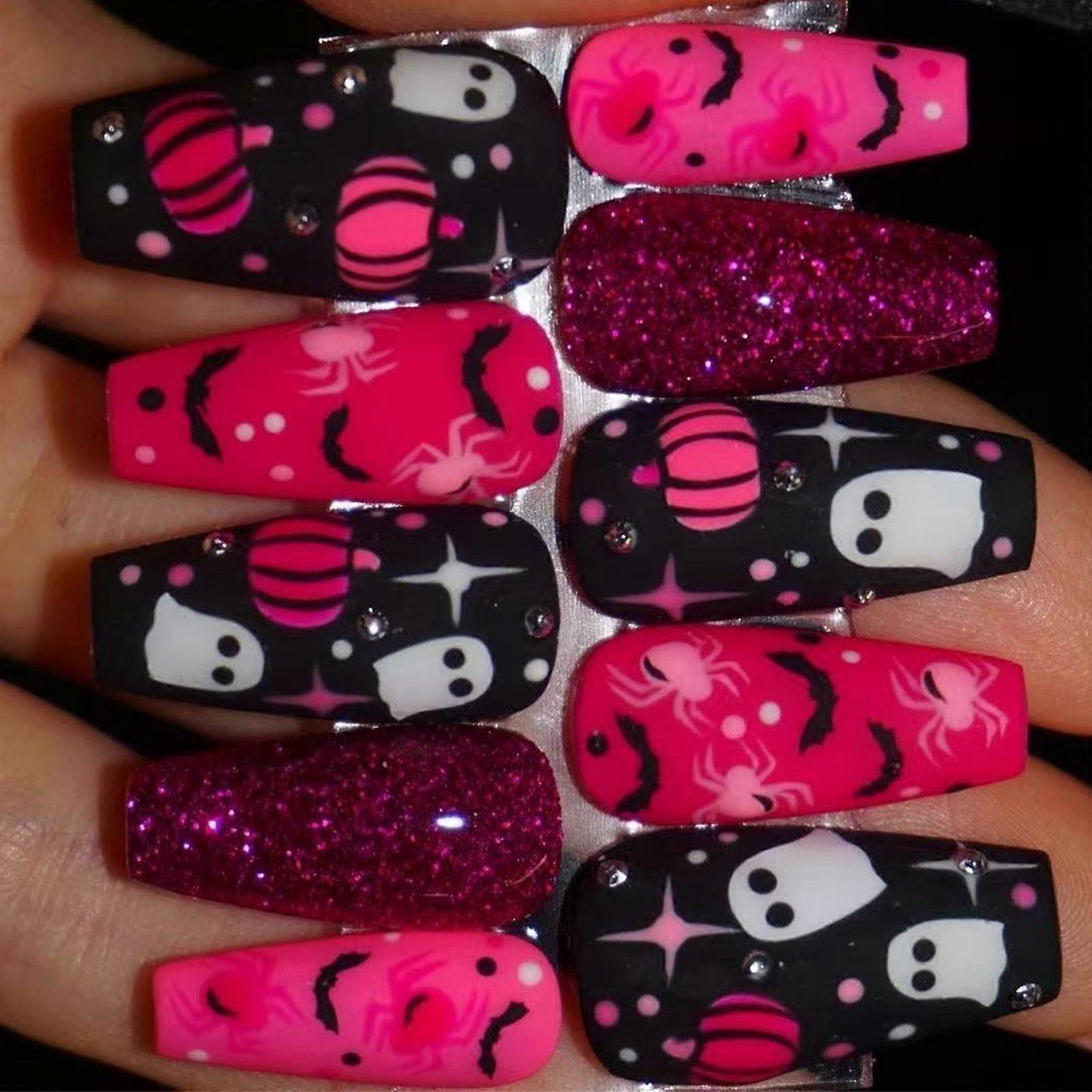 Halloween Press On Pink Designs 30Pcs ABS False Easy Application Multicolor