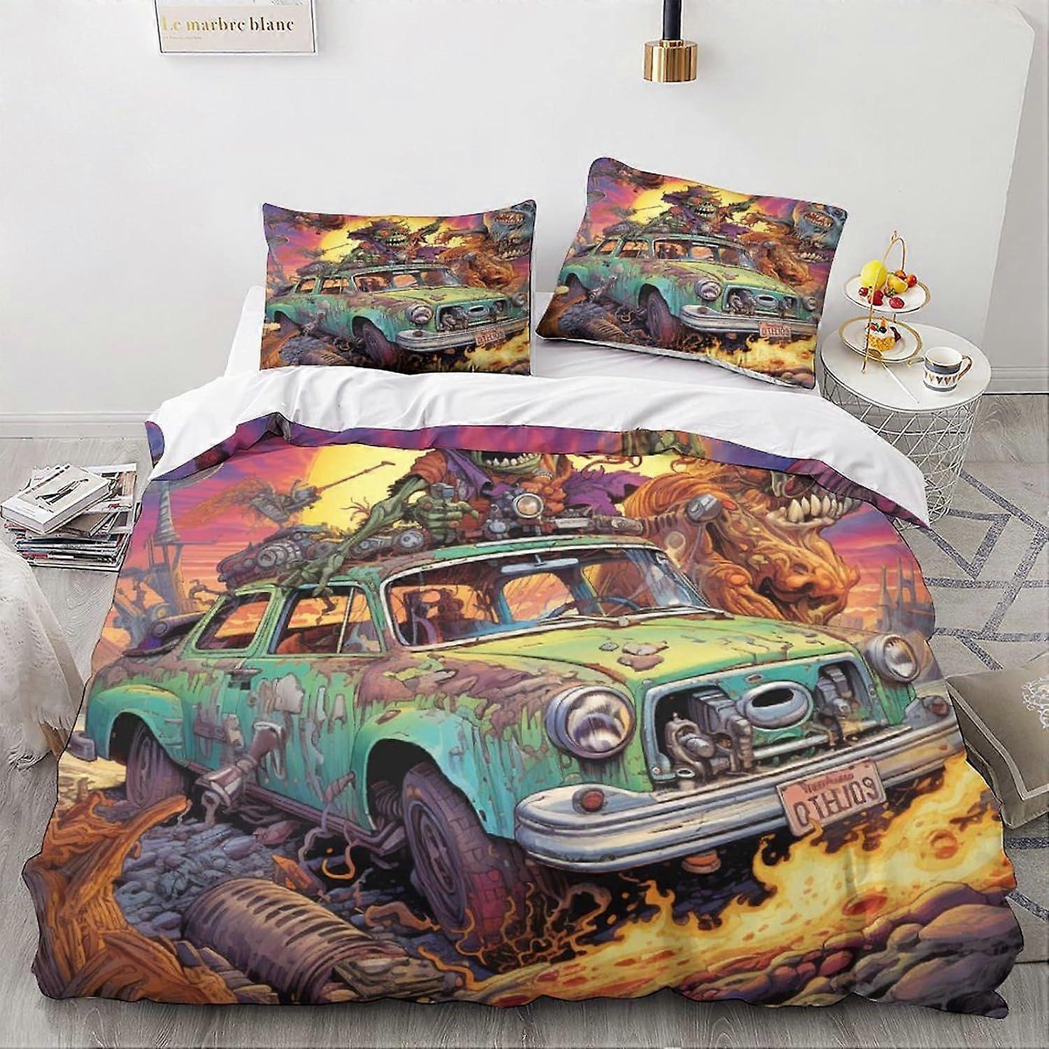 Monstro edredom capa dupla vintage carro padrão roupa de cama conjunto macio leve microfibra cartoon colcha de retalhos com zíper fechamento duplo