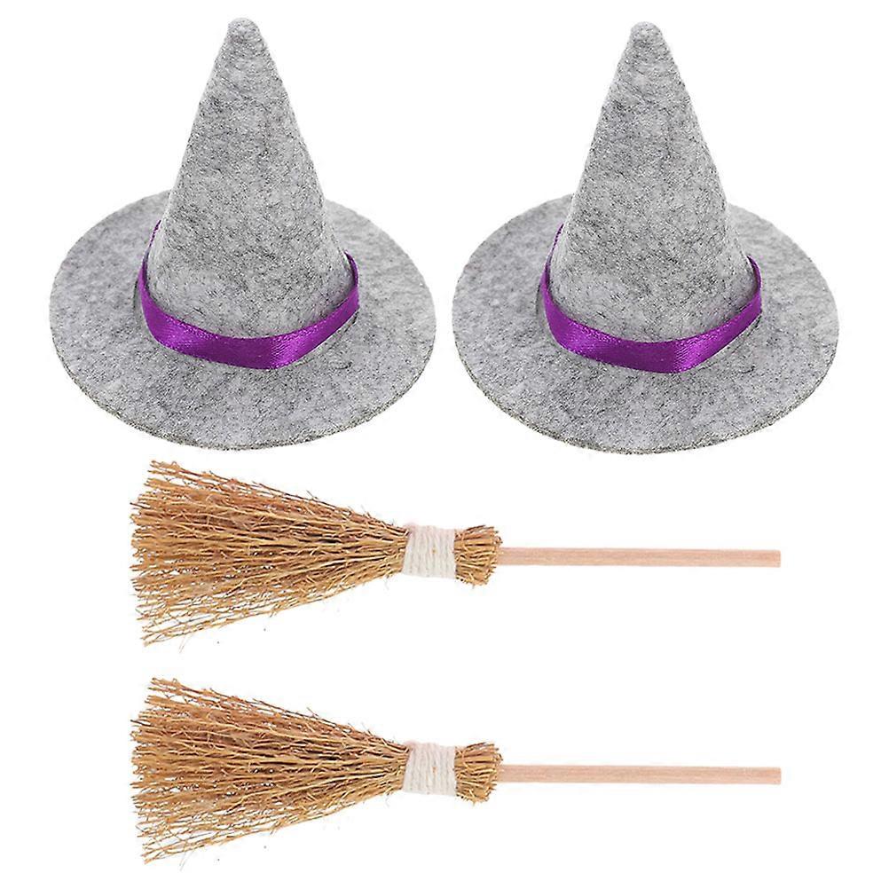 Miniature Witch Hat Broom Set for Themed Decor 2Sets Grey Material