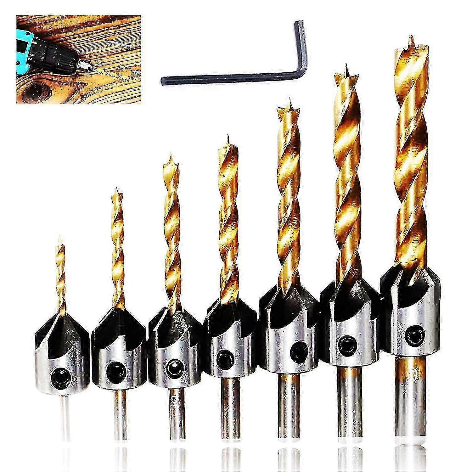 Countersink Drill Bit Set 7 PCS Titanium Coated Counter Sinker Drill Bit Set for Wood High Speed Steel, Woodworking Carpentry Reamer Tool Set with Hex