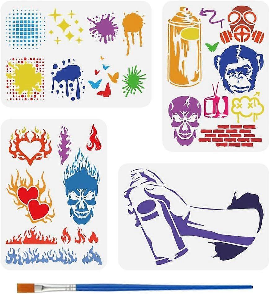 4 PCS Graffiti Stencils with Paint Brush 8.3x11.7inch Spray Paint Templates Monkey Stencils Heart Flame Pattern Templates Star Butterfly Stencils DIY 