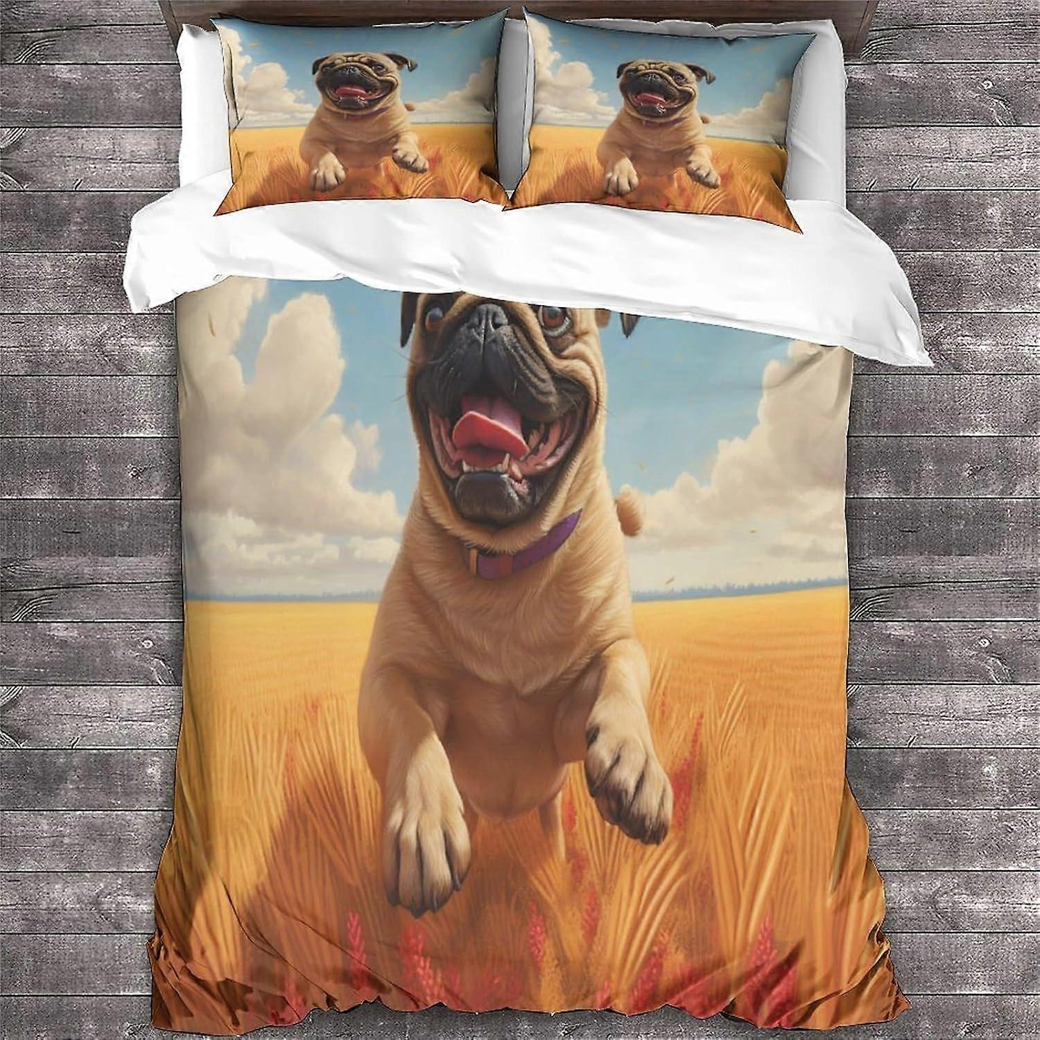 LikeEj PUG 3D Dog Duvet Cover Set Animal Pattern Impresso Capa de Edredom com Fechamento com Zíper 3 Peças Capa Edredom Macia