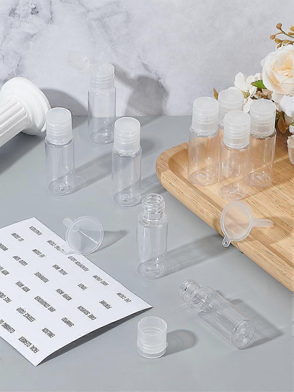 10 Pcs Travel Plastic Sample Bottles PET Empty Flip Top Caps Bottles with Transparent Plastic Funnel Hopper and Stickers for Lotion Liquids Travel and