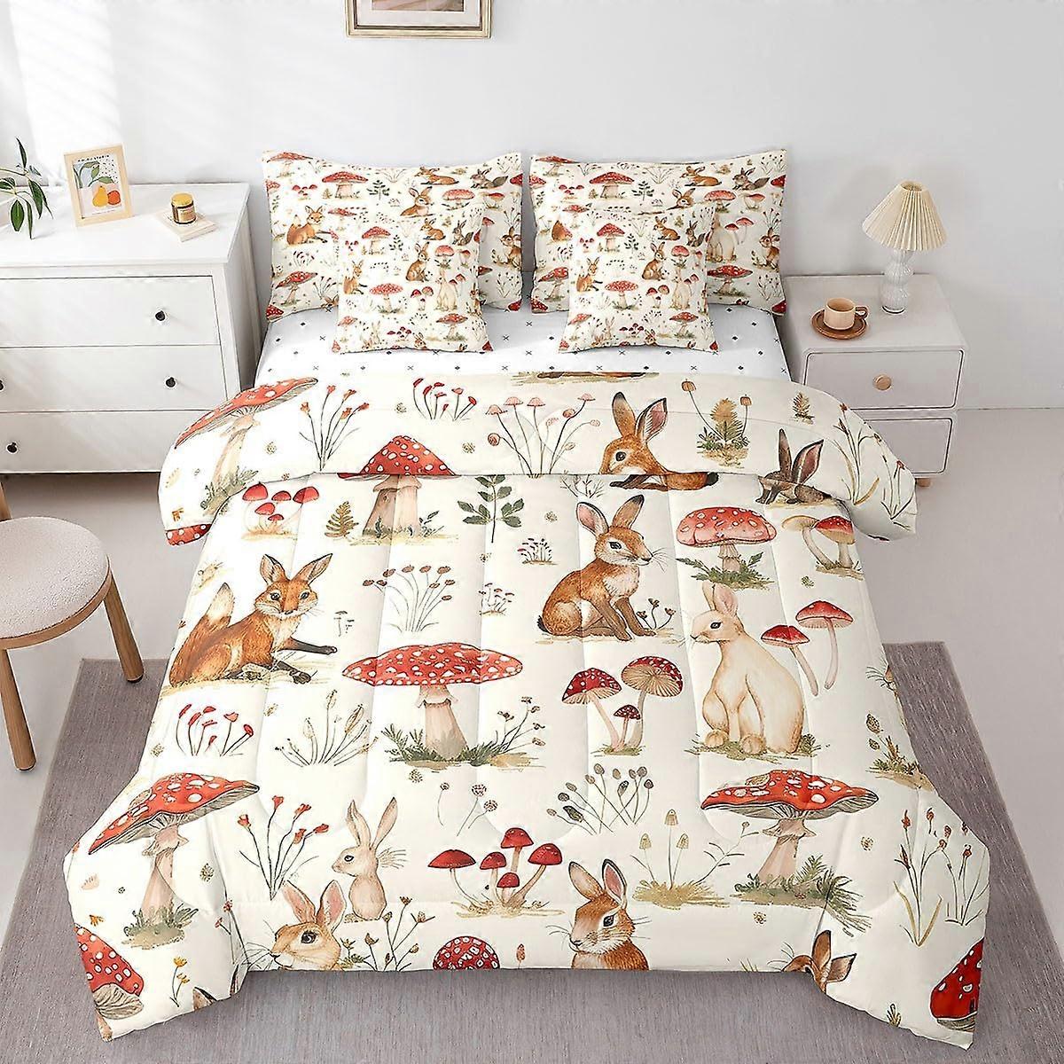 Kids Twin Bedding Set with Cute Rabbit and Fox, Breathable Animal Print Comforter Set, 7 Pieces