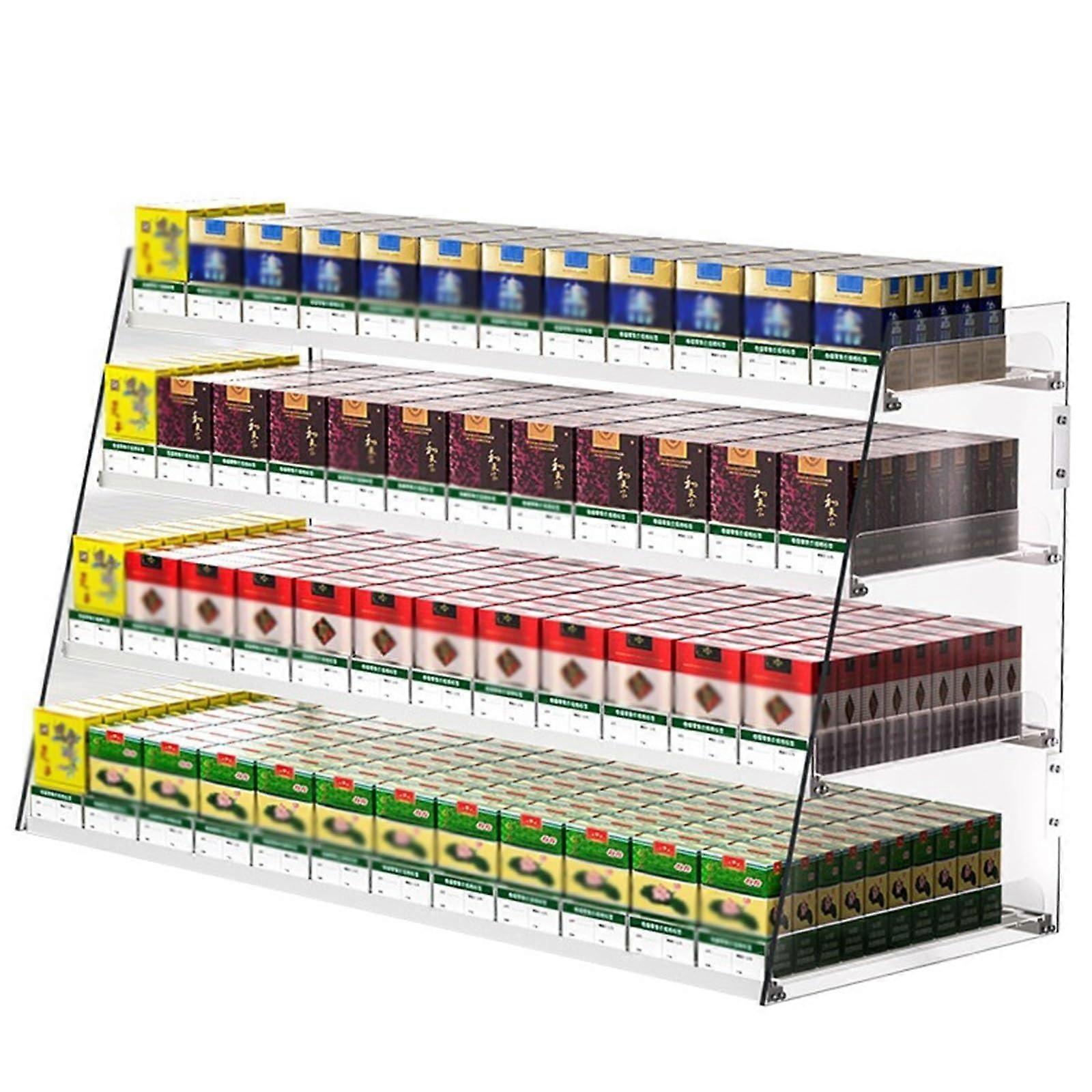 Cigarette Display Rack with Automatic Pusher, Clear Acrylic Wall or Countertop Retail Tobacco Shelf