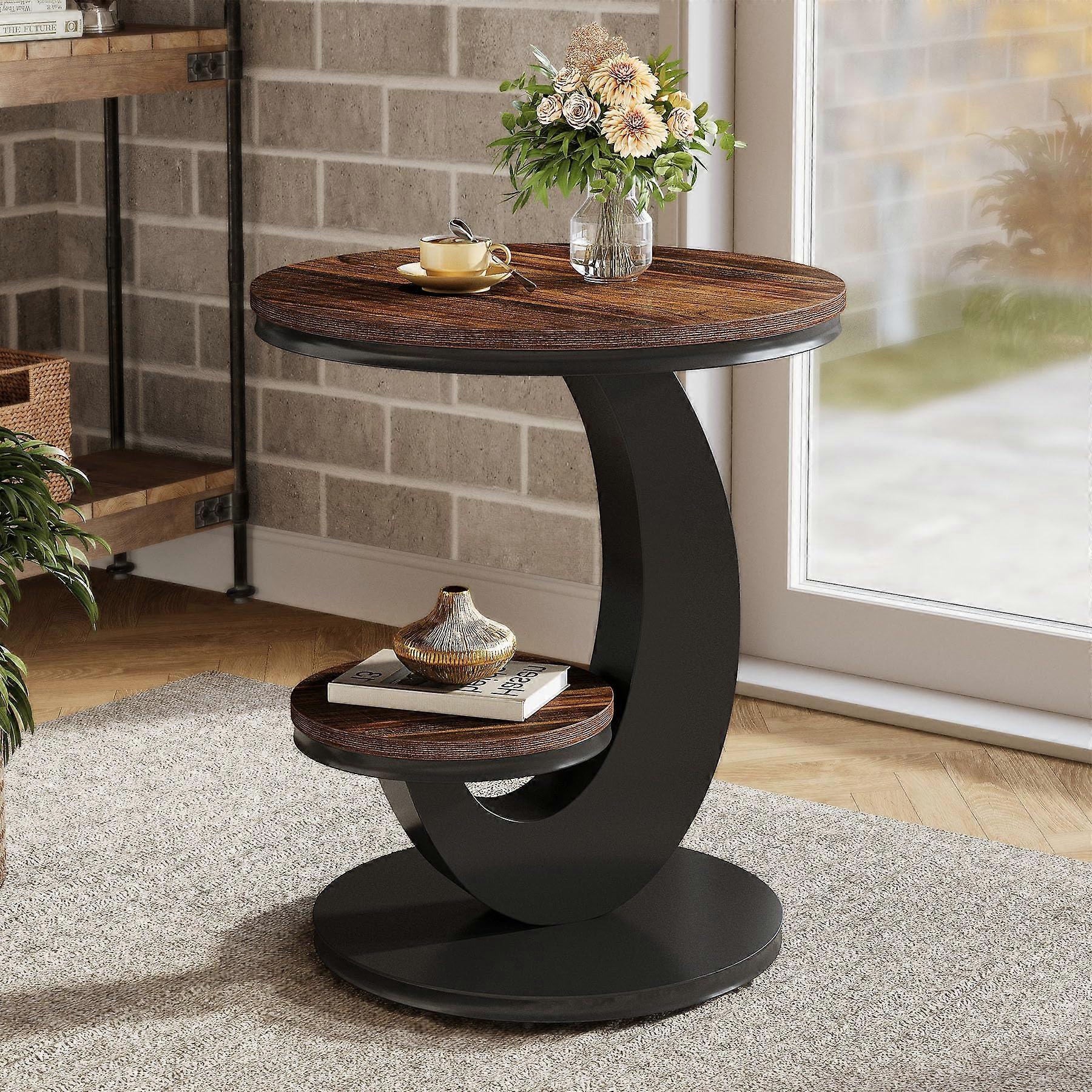 Round Side Table with Storage Shelf, Rustic Wood and Metal End Table for Living Room or Bedroom