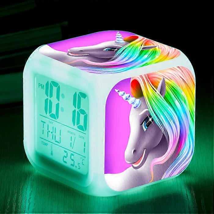 Large-screen digital creative unicorn multi-functional silent luminous electronic square seven-color alarm clock for children and students