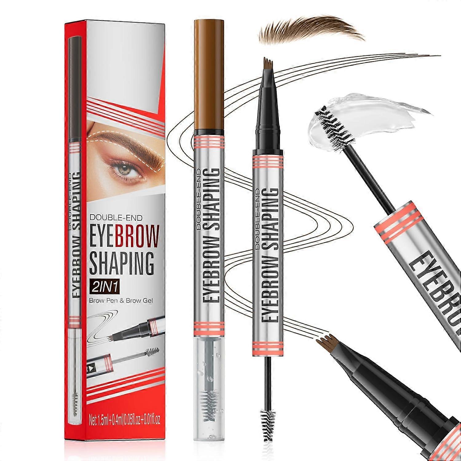 Microblading Eyebrow Pen with Brow Gel, Waterproof 4Fork Tip, LongLasting Light Brown