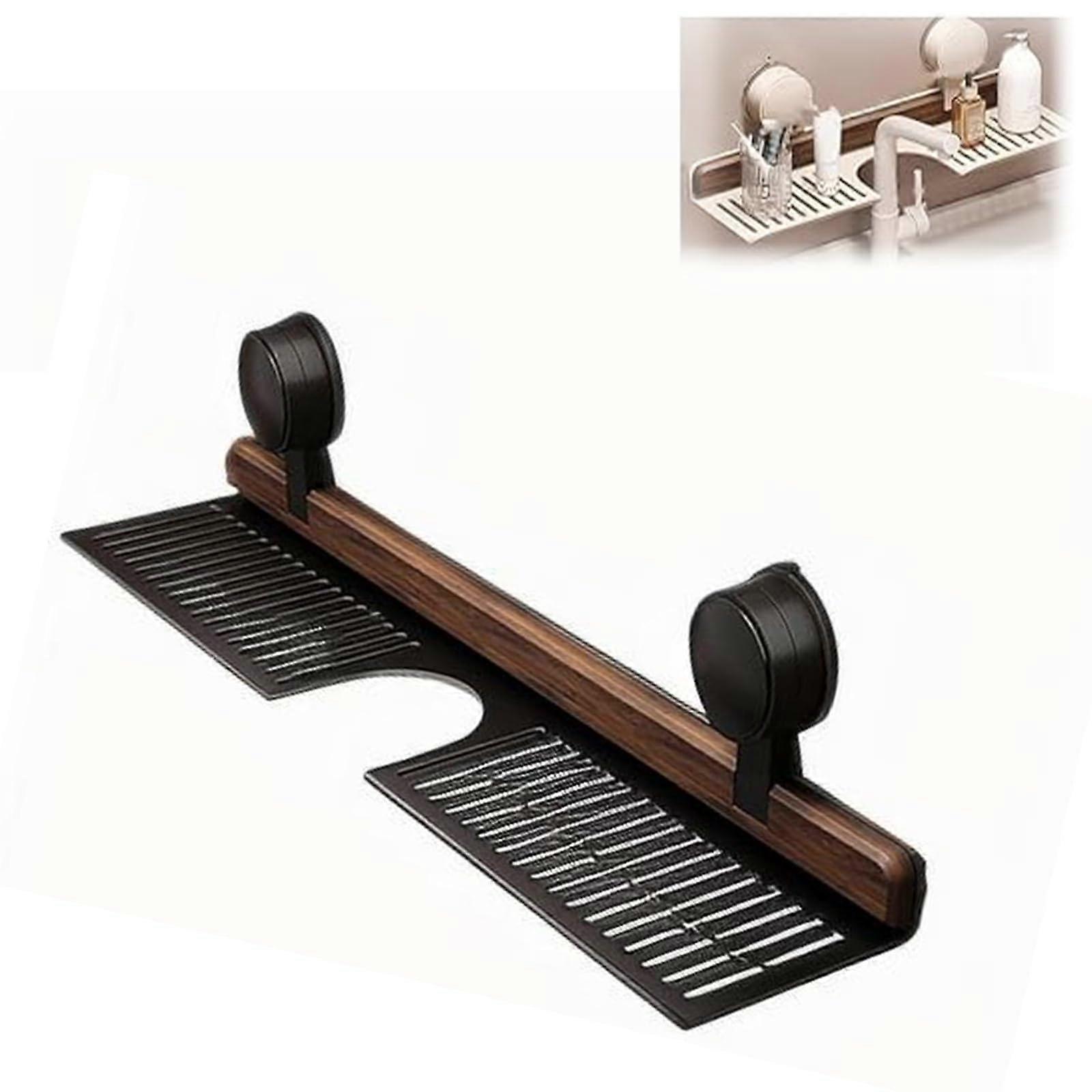 Wall Mounted Over Faucet Sink Shelf, Walnut Black 60cm Rustproof Waterproof Bathroom Kitchen Rack