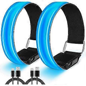 Luci da braccio da corsa a LED ricaricabili con bande riflettenti - Equipaggiamento di sicurezza ad alta visibilità per jogging - 2 pezzi blu