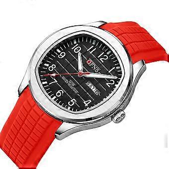 OFNS Men's Watch - Red Silicone Strap, Black Dial, 5ATM Water Resistant, Date Display, Stainless Steel Case, Casual Style