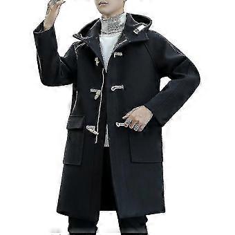 Mens Thick Solid Color Horn Button Woolen Hooded Overcoat_cdb2