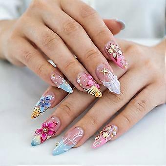 Long Almond Press On Manicure Set, Pink Blue Gradient French Art with 3D Flowers and Bead Accents, 24 Pieces in 12 Sizes for Fast At Home Styling