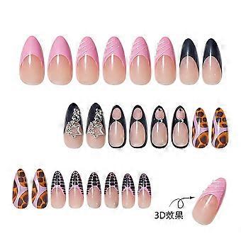Black Pink Leopard Cutout French Rhinestone Press-On Nails, 24 pcs Almond False Nail Tips with Adhesive for Women and Girls