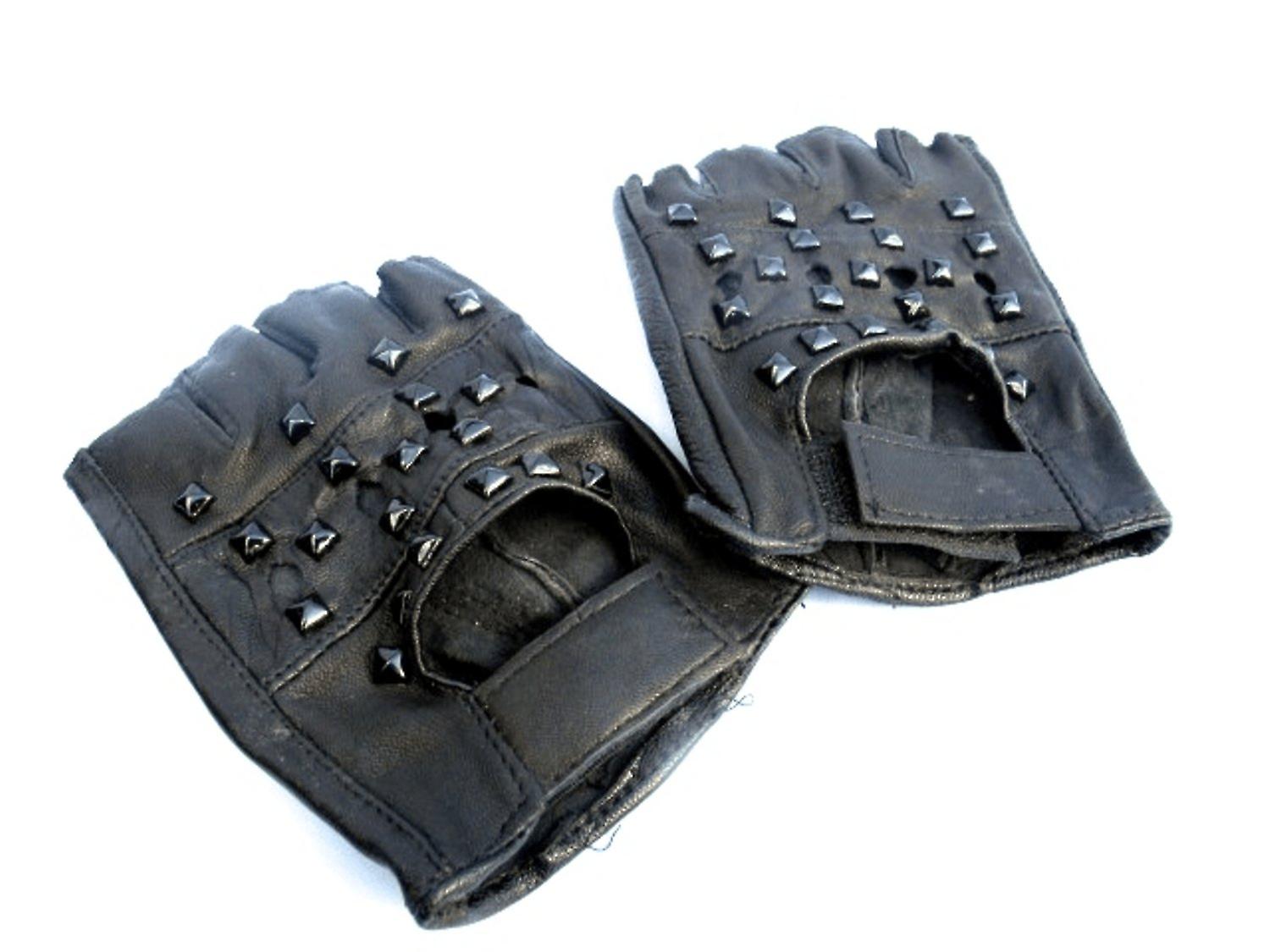 Fingerless leather gloves with black rivets