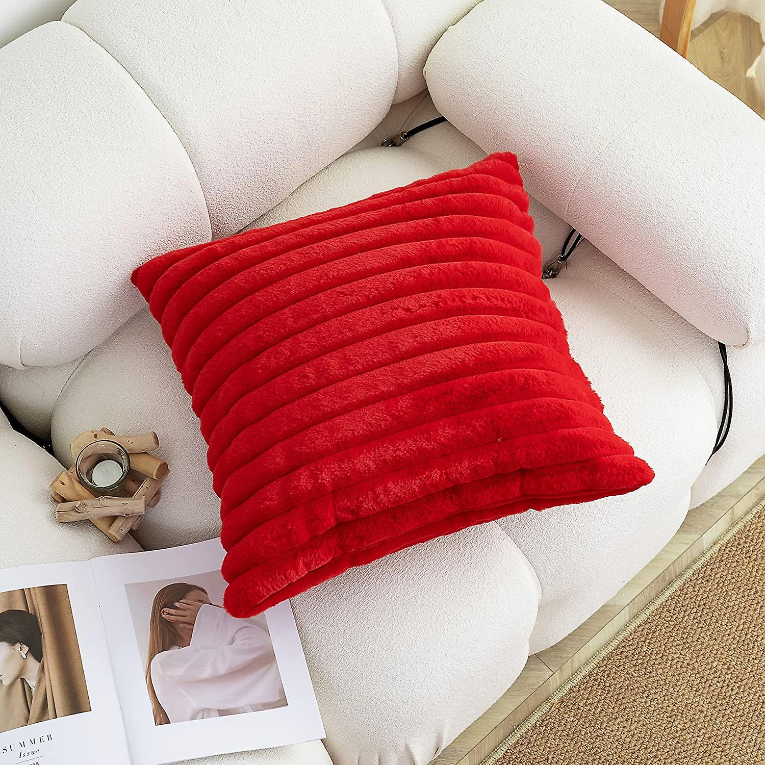 Super Soft Cushion Cover Bright Red 20x20 Double Side Faux Fur