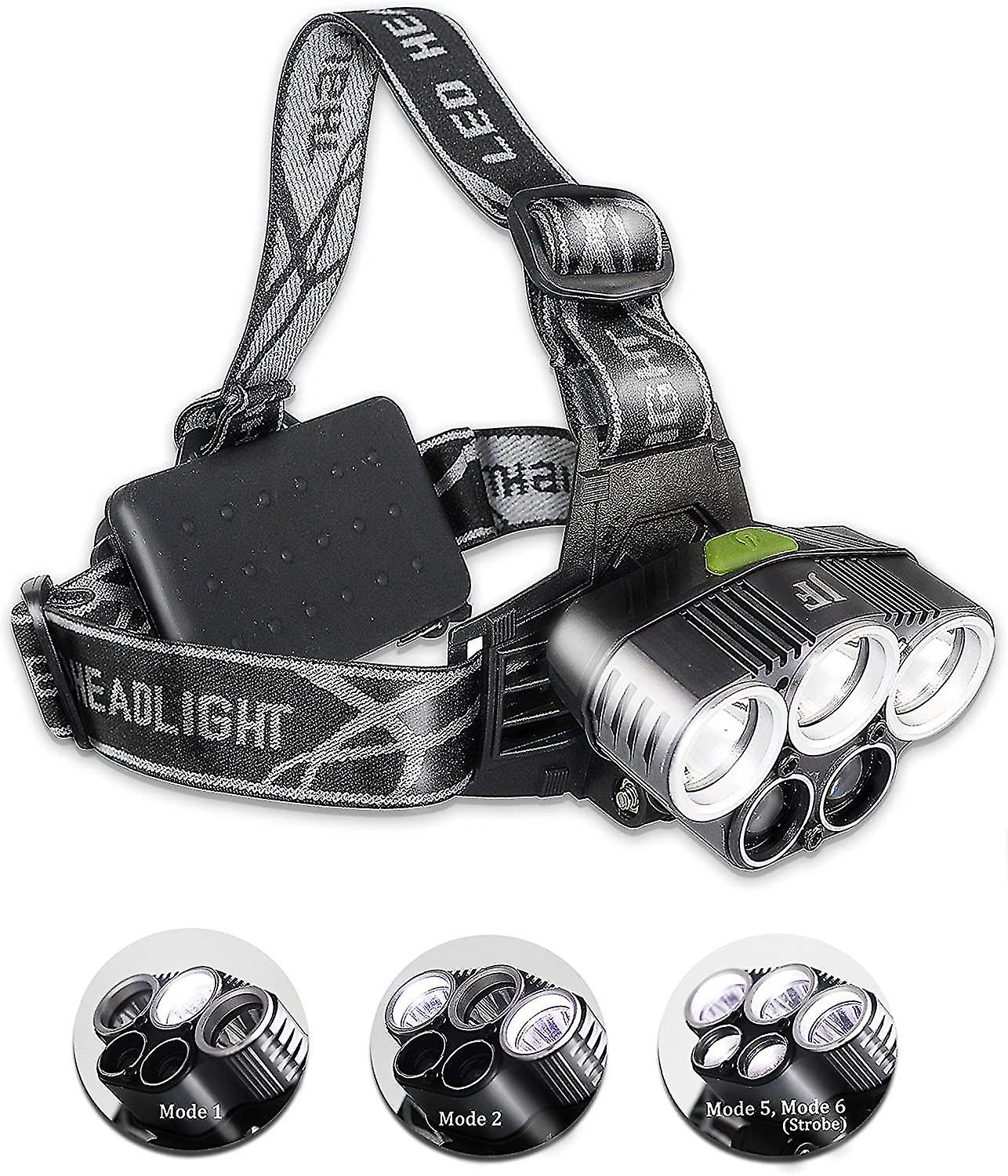 Usb Water-repellent 5 Leds And 6 Modes Headlamp -15000 Lumen- Range 200-500m- For Camping Jogging Riding Fishing Hiking Emergency Maintenance